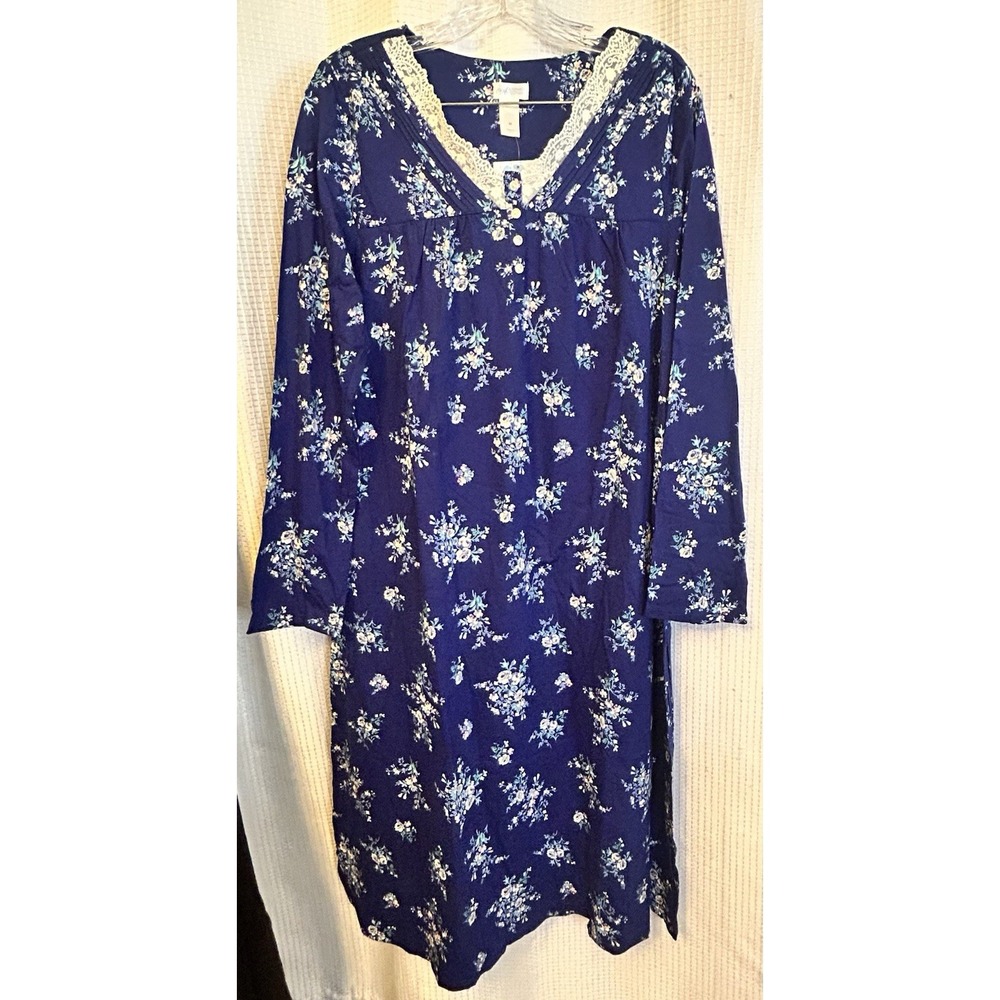 Adonna Sleepwear Long Sleeve Blue Floral Nightgown M 100% Cotton NWT Grandma
